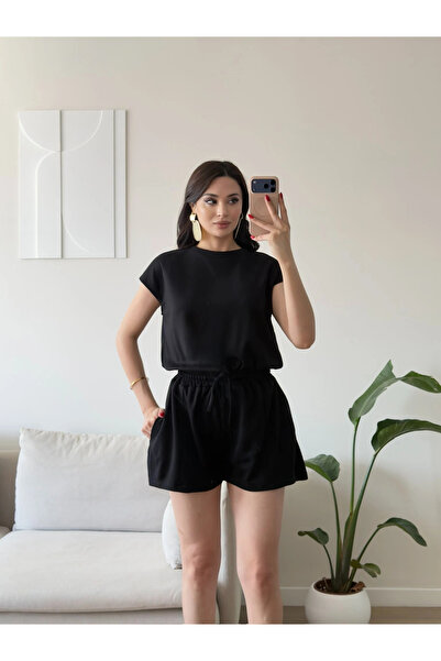 Zoom Butik Sırt Dekolte Şortlu Tulum - SİYAH