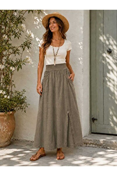 Butik Şans Women's Zipper Detailed Elastic Waist Italian Linen Skirt with Poc...