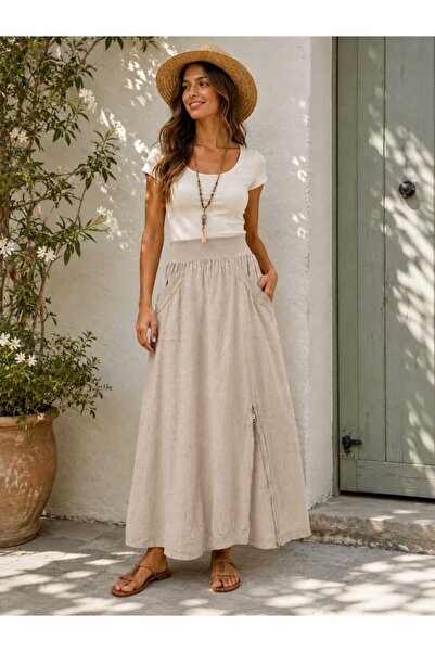 Butik Şans Women's Zipper Detailed Elastic Waist Italian Linen Skirt with Poc...