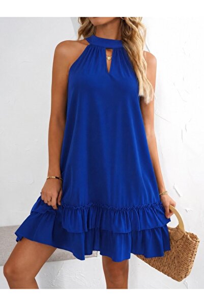 Wear Up Women's Off-The-Shoulder Halter Neck Ruffled Short Sandy Dress