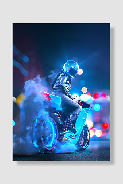 Luna Marissa Poster pentru motociclist Neon Blue Smoke Inside Night Motorcycl...