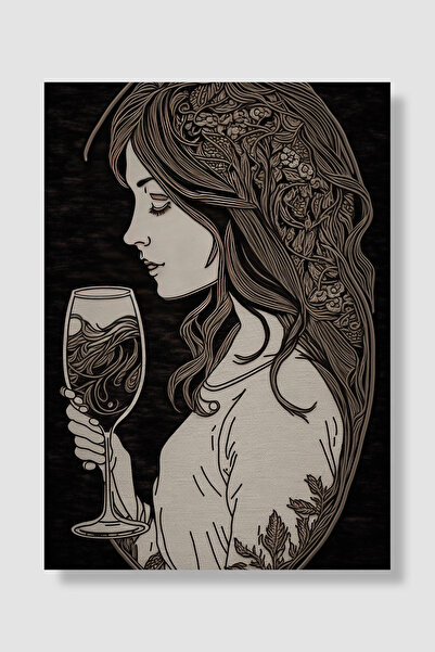 Luna Marissa Minimalistički poster žene koja pije vino, stil gravure sa cveće...