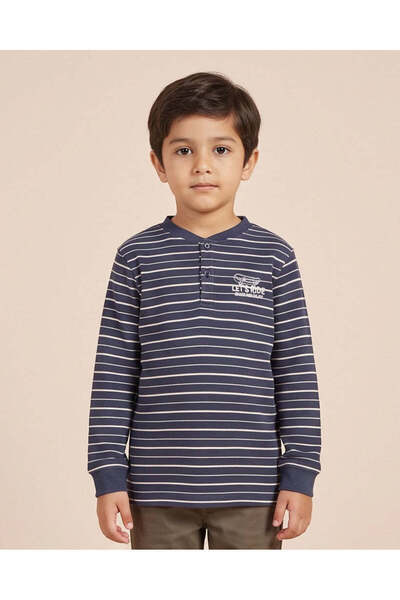 REDTAG Boys Navy Striped Waffle Henley