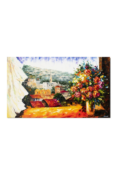artnova Ръчно рисувана картина, Ваза с цветя на прозореца, 100x60см маслена н...