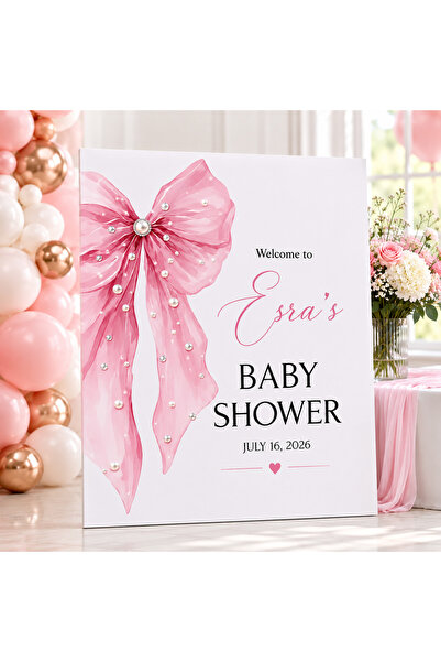 Parti Konsepti Kişiye Özel Baby Shower Ayaklı Karşılama Panosu - Pembe Kurdel...