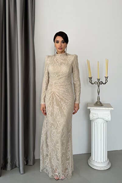 Serica Moda Bej Drapeli Uzun Kollu Dantel Kumaş Abiye Elbise