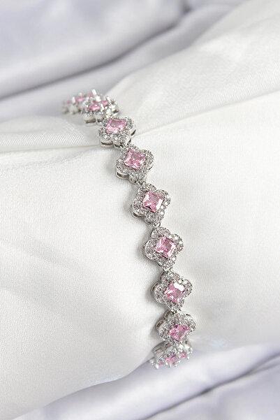 ARMÜZ Brass Zircon Stone Pink Clover Baguette Model Silver Color Vip Series W...