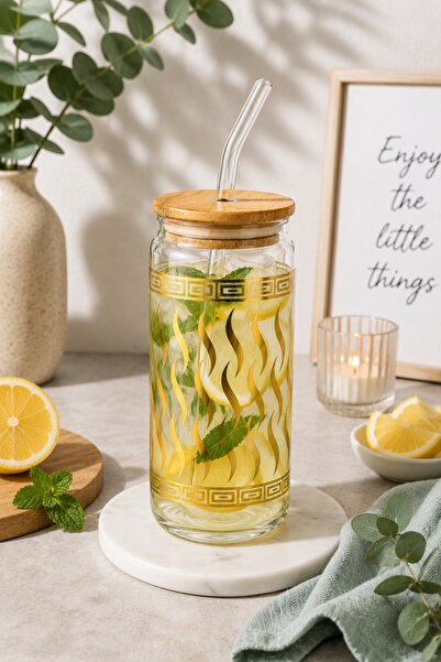 PUPSI Pahar din Sticlă 500 ml, 15 × 8 cm, cu Pai din Sticlă, Capac din Bambus...