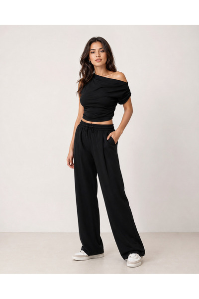 Sovia Women's Modal Fabric Draped Crop Top and Elastic Waist Lace-Up Wide-Leg...