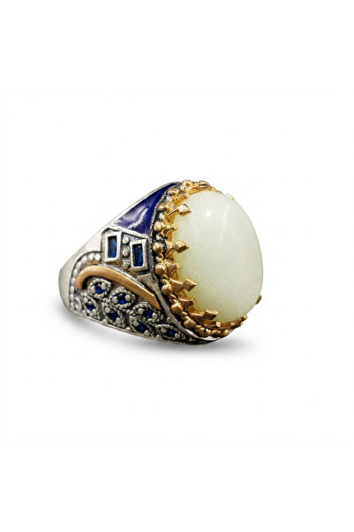Generic 925 Sterling Silver Energy Stone Ring 14.5g Oval Green Stone with Gol...