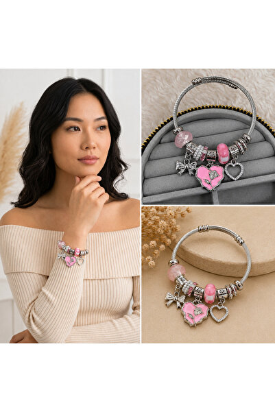 FM 💎   Premium Shiny and Stylish Silver Color Pink Heart and Bow Figured Cha...