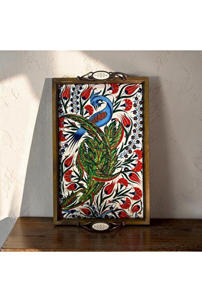 PorcelainAtelier El Yapımı Kütahya Çini Desenli Ahşap & Seramik Tepsi 42x28 c...