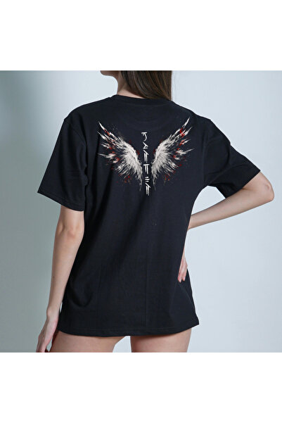 TİMİSİVA Unisex Oversized Printed Crew Neck Short Sleeve Black T-Shirt