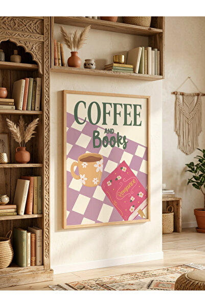 Creatick Design Kitap ve Kahve Temalı Ham Ahşap Çerçeveli Tablo Okuma Köşesi ...
