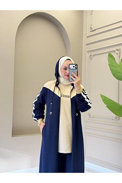 moda4b Women's 3-Piece Hooded Long Cardigan Two-Thread Hijab Tracksuit Set N-...