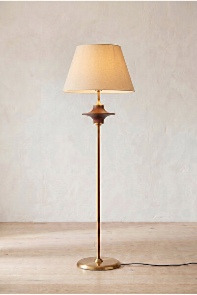 Vinner Zenith Spindle Ceviz Ahşap Lambader | Modern Mid-Century Krem Kumaş Ba...