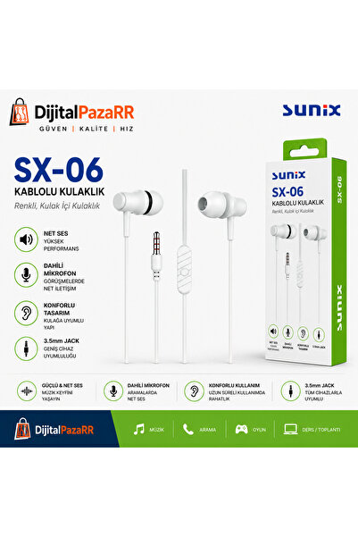 Sx06 Mikrofonlu Kulakiçi Kablolu Beyaz Stereo Kulaklık Telefon Tablet uyumlu