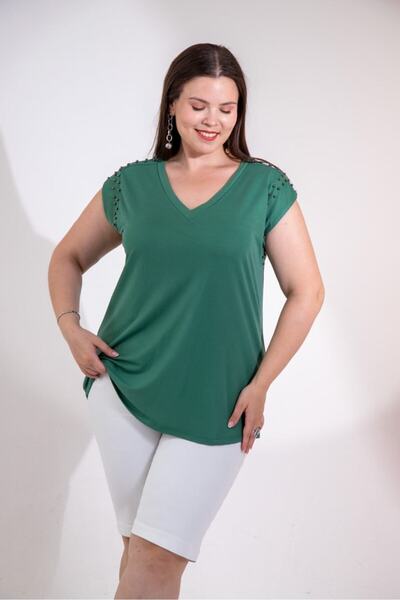 Roxxlen Women's Plus Size Pearl Stone Detailed Blouse