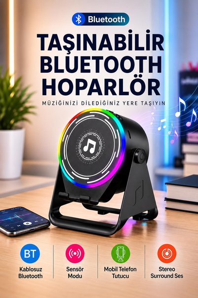 NZB Hoparlör Bluetooth Hoparlör A3 Sensörlü Telefon Standı RGB Işıklı Kablosuz 2’si 1 Arada Siyah