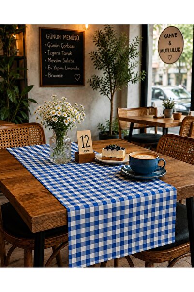 Ases Design Navy Blue White Gingham Runner Table Top Decorative Cover 40X140 cm