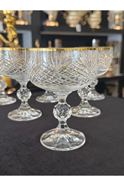 LOKMAN ZÜCCACİYE SHOWROOM 6-Person Bohemia Crystal Hand-Cut Golded Footed Ice...