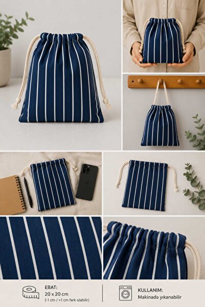 Queen Jera Machine Washable Drawstring Cloth Pouch - 20X20 cm Navy Blue Strip...