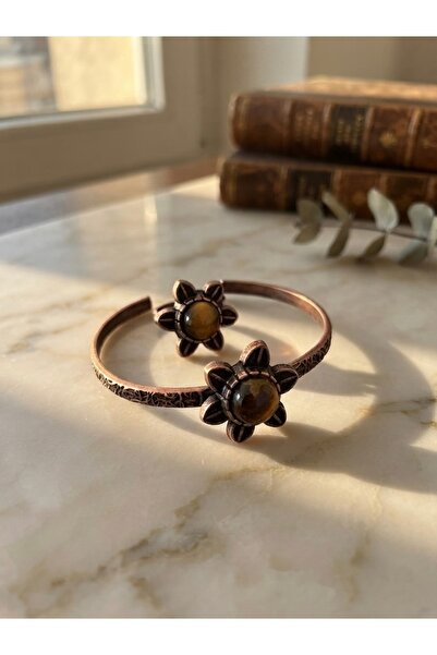Meneva Aksesuar Tiger's Eye Natural Stone Embellished Copper Bracelet and Rin...