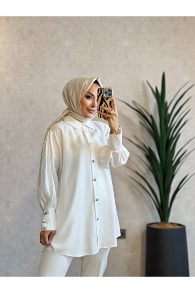 ALANURMODA 1012-4 تونيك بأزرار معدنية من الليوسل باللون الأبيض