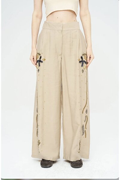 Aynaz Orfeonegro 45343 Pants with Bead Embroidery on the Sides Beige