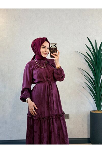 Aişe modaa 3753 Self-Woven Patterned Dress, Plum