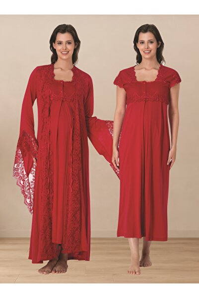 by İGP Maternity Lace Detailed Nightgown Set with Dressing Gown