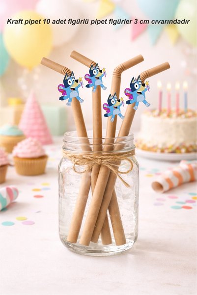 Sinek Kupası Tasarım Bluey Temalı 10 Adet Figürlü Pipet Doğum Günü Parti Malz...