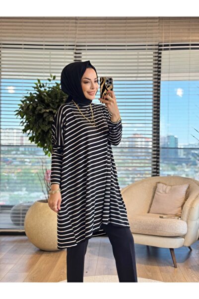 Afili 0723 تونيك واسع مخطط باللون الأسود