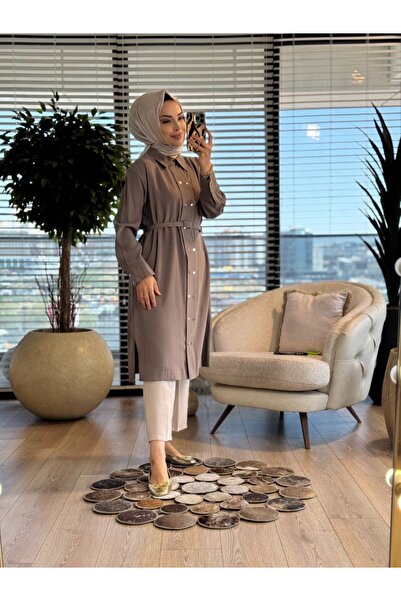 ALANURMODA 7522 Front Two Rows of Metal Buttons Long Tunic Mink