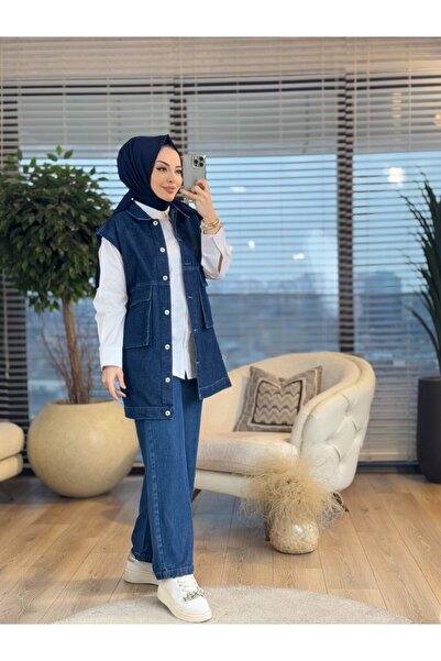 ALANURMODA 7286 سترة جينز بجيب أمامي كبير باللون الأزرق الداكن