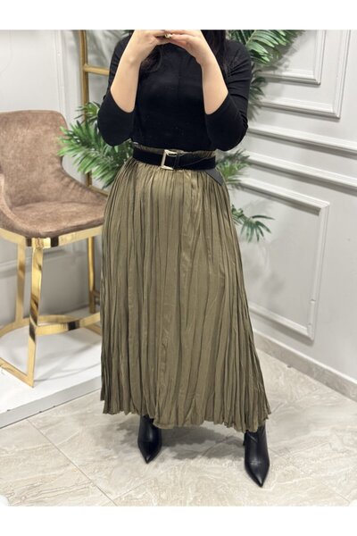 BLUEPERYY 5004 Elastic Waist Crinkled Skirt Khaki