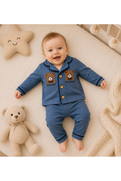 cles couture Teddy Bear Embroidered Top and Bottom Baby Pajama Set - 100% Cotton