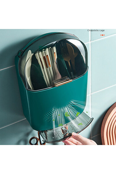 Generic Wall-Mounted Kitchen Cutlery Holder with Dust-Proof Cover – Multi-Functional Spoon & Fork Organizer – Utensil Drying Rack with 3 Hanging Hooks & Drain Tray – Punch-Free Space Saving Storage