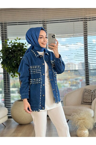 ALANURMODA 7201 Denim Jacket with Pearl Embellishments on the Front, Navy Blue