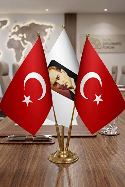 Günışığı Atölyesi Atatürklü Bayrağı Türk Bayrağı Masaüstü Üçlü Pirinç Direk M...