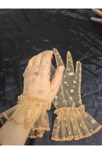 Qrsln Sabrına Ultra-Patterned Sparkling Ruffled Short Gloves in Nude Color