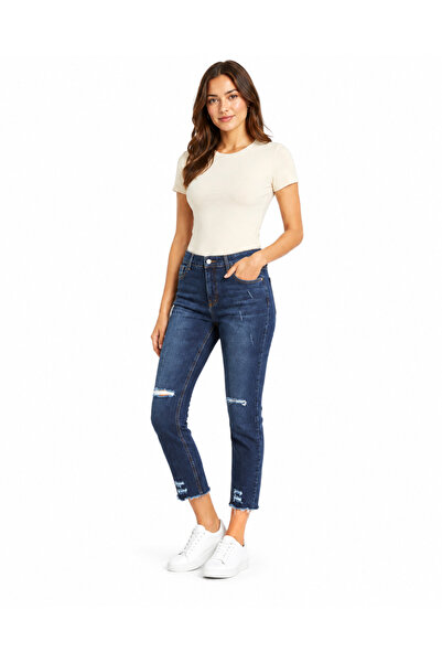 MADE Women's Dark Blue Straight Ripped Frayed Hem Denim Pants