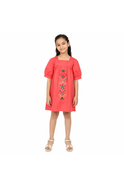 Generic Girl's Coral Dress with Floral and Geometric Embroidery, Short Sleeve...