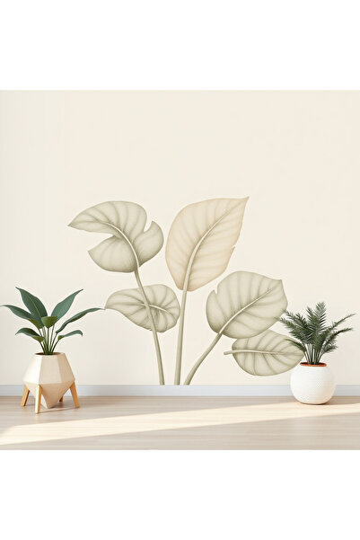 Mefan Duvarda Sanat Minimal Yaprak (Bej/Gri) Monstera Yaprağı Kendinden Yapış...