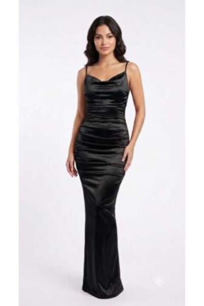 unbranded Women's Black Satin Evening Dress with Cowl Neck and Slim Maxi Fit