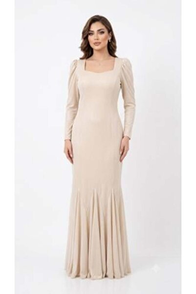 unbranded Women's Beige Long Sleeve Mermaid Maxi Evening Dress with Square Ne...