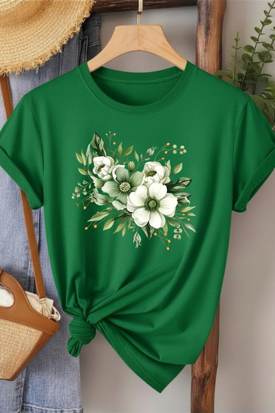 l'eivor Green Floral Printed Women's Cotton T-Shirt