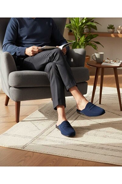 DEPASSE Men's Suede Slippers Navy Blue Home Office Guest Dowry Groom