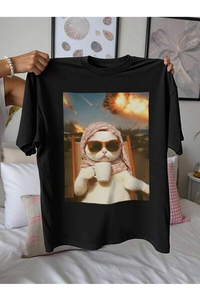 SVART WEAR تي شيرت صيفي كبير الحجم مطبوع عليه قطة مضحكة