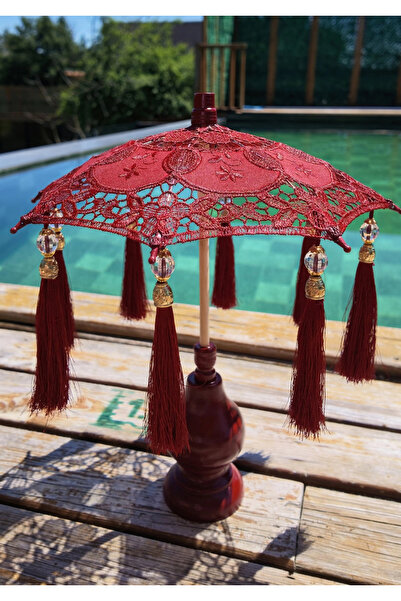 Agbtrend Masaüstü Otantik Bordo Dantelli Dekoratif Sunum Bali Şemsiyesi 36x30cm